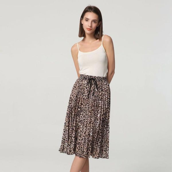 

skirts 2021 fashion women vintage leopard printing pleated midi elastic high waist sashes chic mid-calf, Black