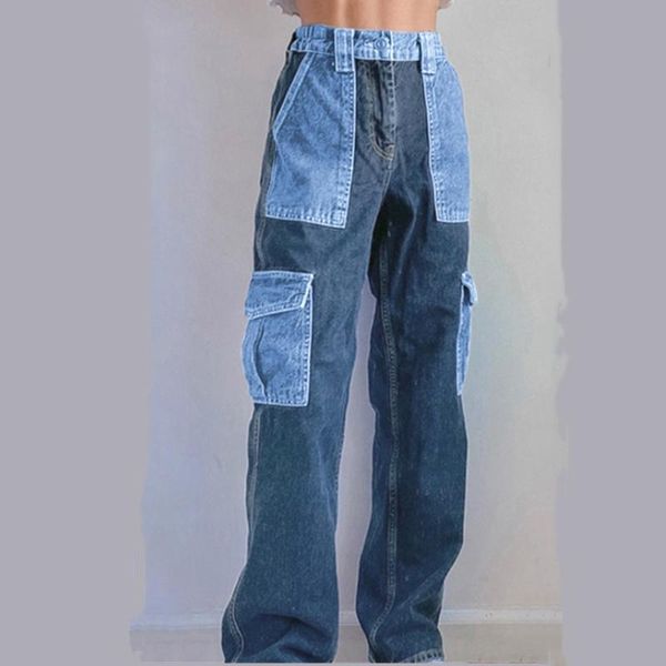 

fashion harajuku women wide leg pants straight trousers patchwork denim high waist baggy pockets street casual cargo women's & capris, Black;white