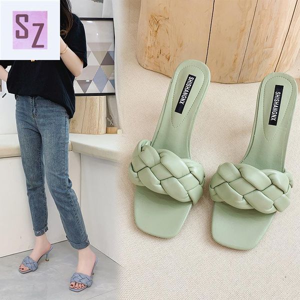 

summer style square toe braided korean outer slippers, open-toed high-heeled sandals, women's shoes trend slippers, Black