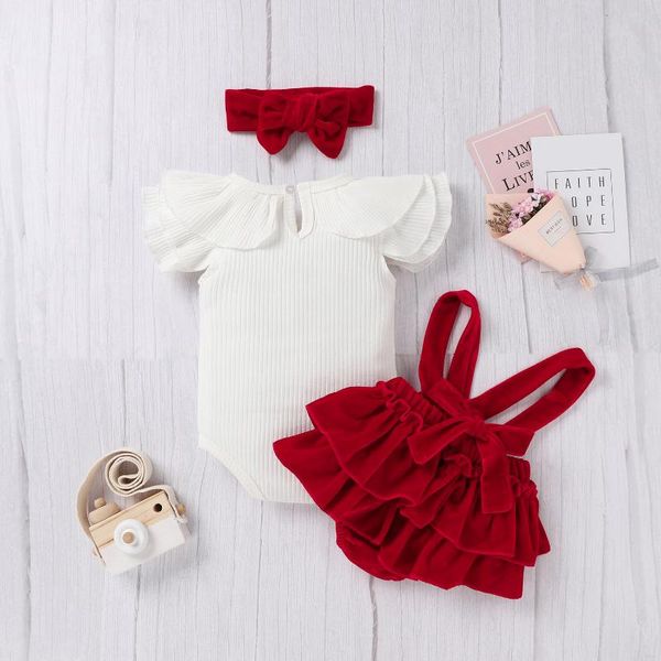 

clothing sets toddler infant baby girl clothes set cute ruffle short sleeve knitted romper+velvet suspender layered skirt+headband 0-24m, White