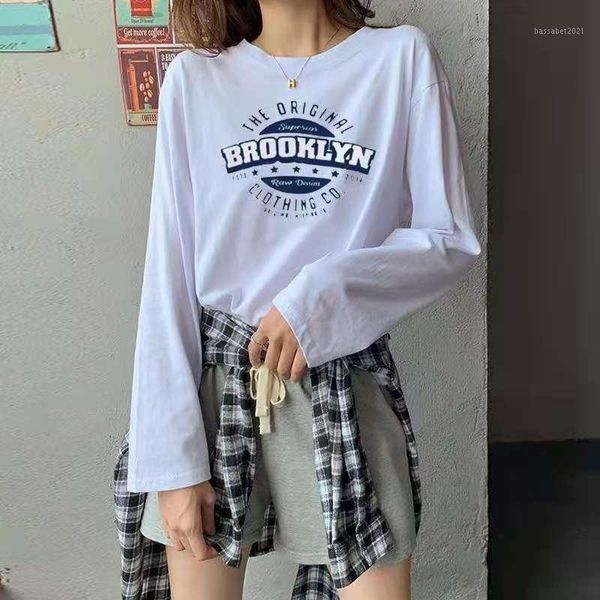 

women's t-shirt autumn korean style printed loose bottoming shirt long sleeve spring and, White
