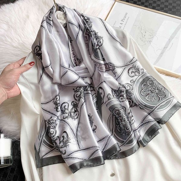 

spring, summer and autumn new windproof plain silk women's lengthened national style travel shawl totem printing scarf women, Blue;gray
