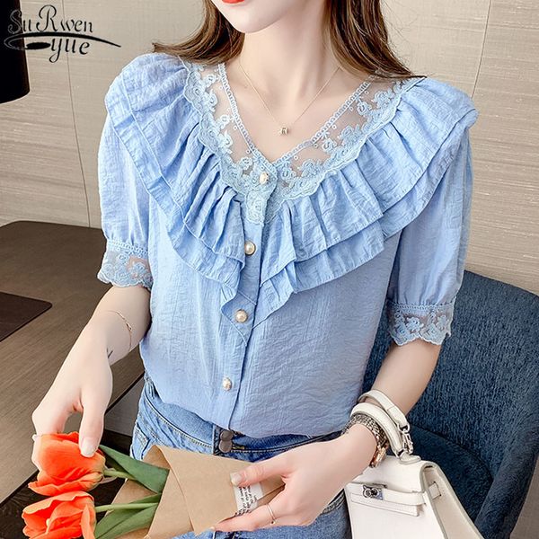 

summer lace shirt v-neck ruffled solid loose blouse chiffon short-sleeved female cotton 14063 210427, White