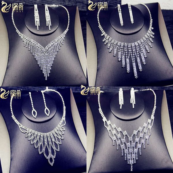 

diamond necklace bridal wedding dress full diamond earrings set chain evening party accessories, Black;brown