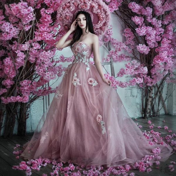 

party dresses light pink strapless floral dress layered tulle ball gown lace-up back long evening with train applique, White;black
