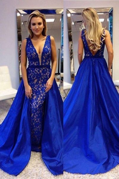 

2022 amazing royal blue v neck prom bridesmaid dresses lace bodice with long train ruched beaded open back satin pageant cocktail party even, Black