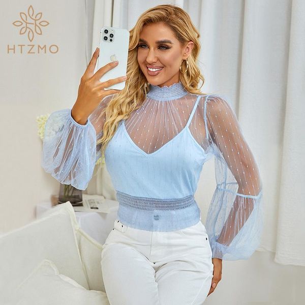 

women's blouses & shirts htzmo mesh women chic prom crop see through lantern sleeve pleated ruffles high collar street blusas, White