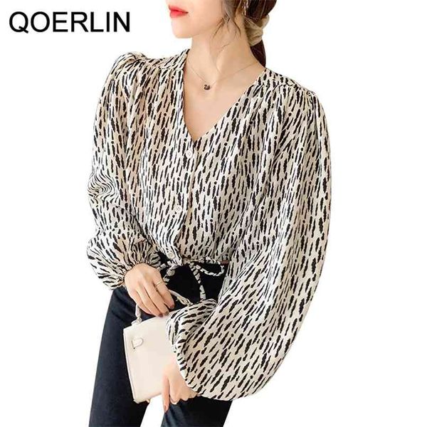 

women's long sleeve tie front knot casual loose fit fashion v neck button up puff cropped shirt plus size 210601, White