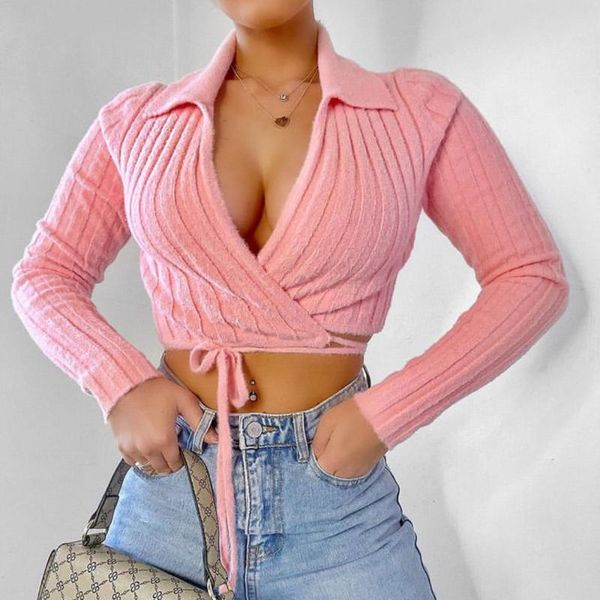 

women's knits & tees spring and autumn ladies cross-temperament knitted cardigan pink cross-lace solid color long-sleeved lapel croppe, White