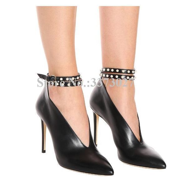 

boots black leather christmas pearl ankle woman fashion pointed toe buckle stiletto heel short large size