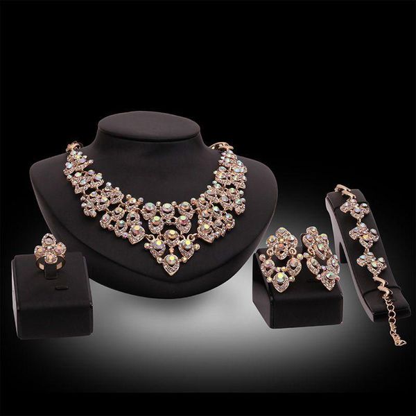 

earrings & necklace rui jia dusk exaggerated color white rhinestone bridal short open ring bracelet jewelry set dress accessories, Silver