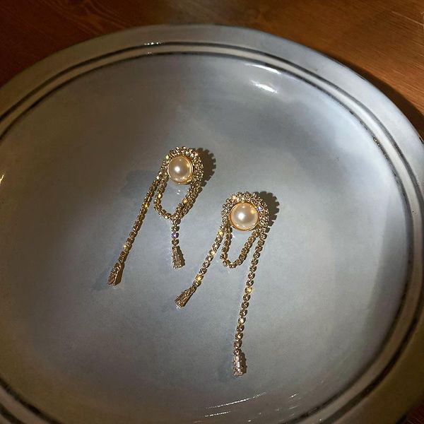 

dangle & chandelier korean fashion women's accessories temperament simple rhinestones long tassel imitation pearl earrings jewelry, Silver