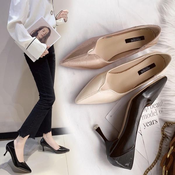 

dress shoes elegant ladies pointed toe soft pu leather pumps spring 2021 thin high heels slip on party wedding woman sandals, Black