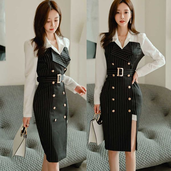 

spring elegant hit color patterns patchwork striped work dress office bodycon female full sleeve split sheath 210529, Black;gray
