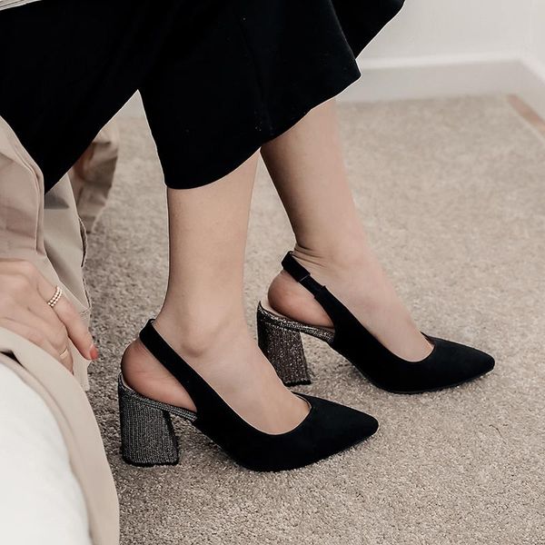 

dress shoes ladies high heels thick-heel women woman pumps big size to 28cm the pointy tip sparkles heel, Black