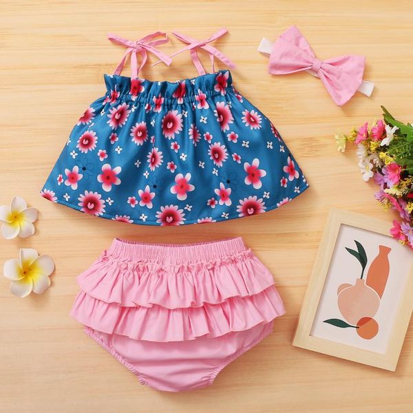 

born baby girl summer clothes set kids toddler girls outfit romper+ ruffle shorts + bow headband clothing 3pcs suit sets, White