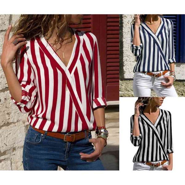

autumn new long sleeve v-neck stripe women's shirt top, Black