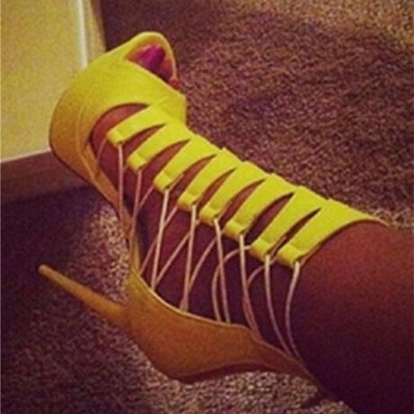 

dress shoes stylish hollow cage yellow suede peep toe high platform cutouts strappy pumps back zipper size 42, Black