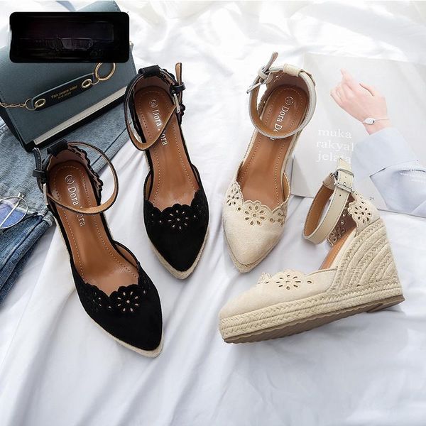 

dress shoes women's espadrilles wedge 2021 sandals skirt hollow single fashion pointed high heels thick bottom, Black