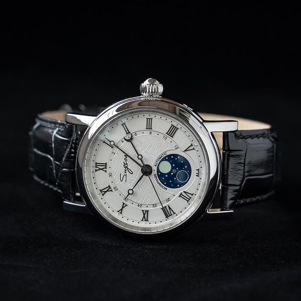 

heren horloge sugess mechanical chronograph watch men seagull st2108 movement automatic sapphire moon phase luminous hand wristwatches, Slivery;brown