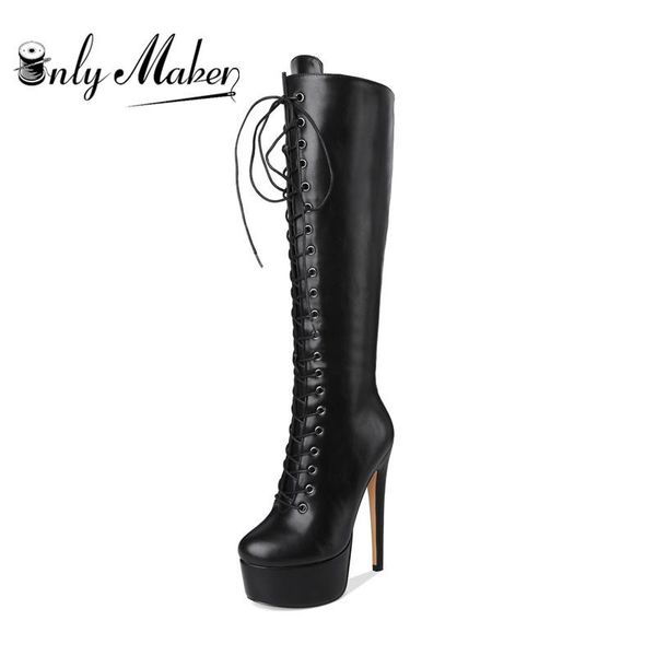 

women's platform front lace-up high heel stiletto stretch over the knee boot us5~us15 plus size women boots, Black