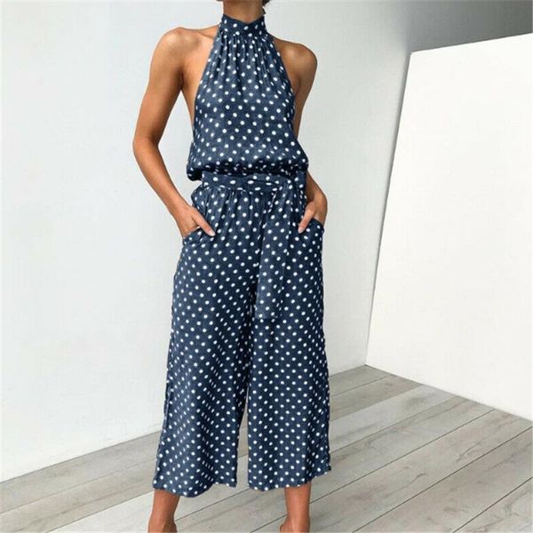

women's jumpsuits & rompers elegant off shoulder polka dot printed jumpsuit women summer halter loose playsuit wide leg pants, Black;white