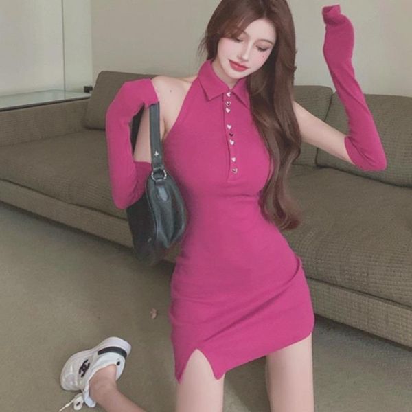 

casual dresses autumn women's slim backless split skinny hip sleeve cover peach heart korean girls neck mini dress a807, Black;gray
