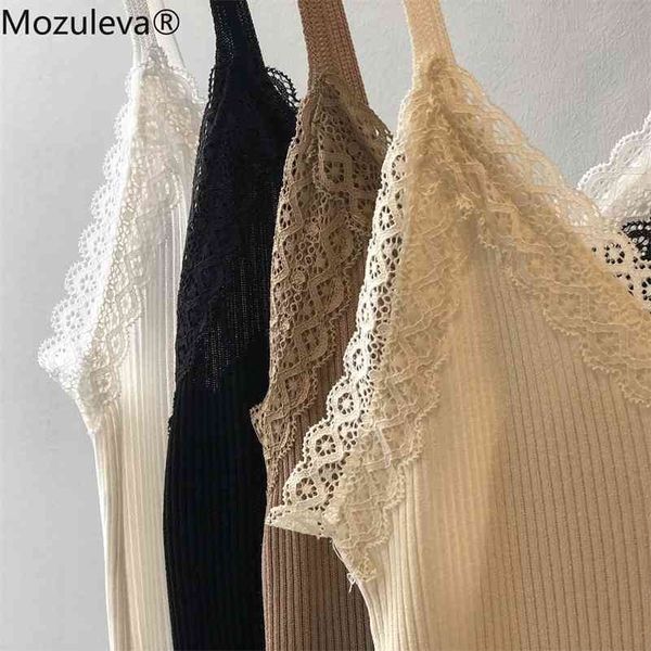 

women knitted plain camisole lace splicing double v-neck vest slim sling tank breathable silk tees 210416, White