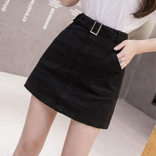 

skirts denim skirt high waist a-line mini women 2021 summer arrivals single button pockets black white jean with belts