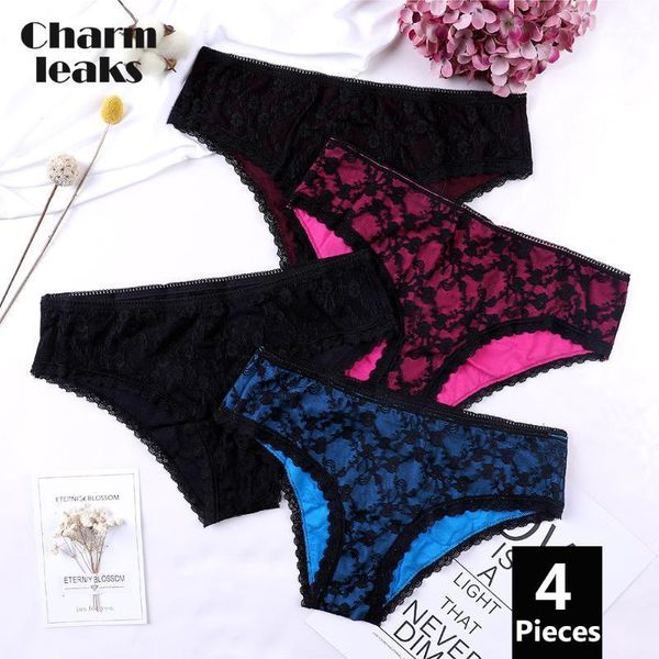 

women's panties charmleaks lace hipster underwear v string tanga briefs geometric cotton skin-friendly comfortable 4 packs, Black;pink