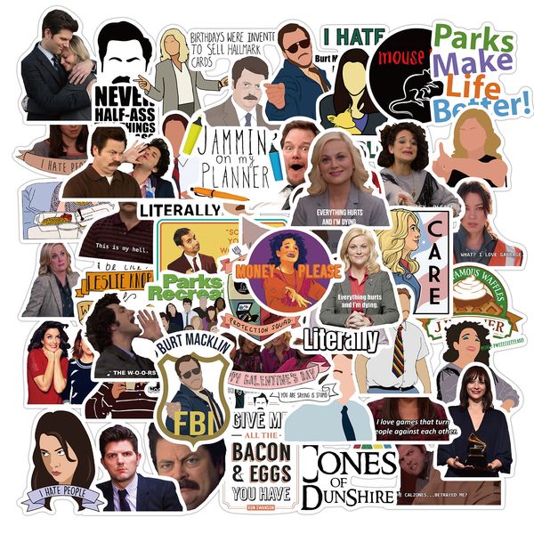 

50 pcs mixed comedy parks and recreation skateboard stickers for car lapfridge helmet pad bicycle bike motorcycle ps4 book guitar pvc decal