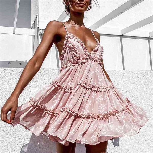 

straps boho mini dress women deep v neck backless summer beach casual short sundress floral print ruffle ladies dresses 210507, Black;gray
