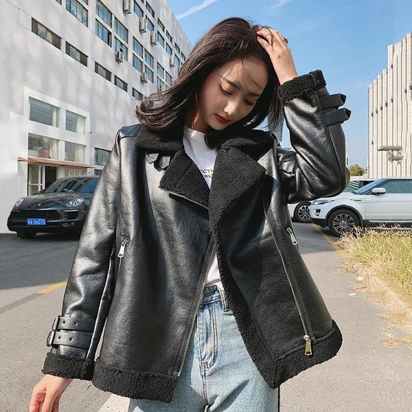 

women's leather & faux autumn and winter korean style mid-length motorcycle clothing lamb wool coat women 's large size fleece fur, Black
