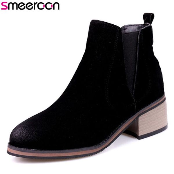 

boots smeeroon 2021 fashion autumn winter women round toe low heels ankle pu leather big size 32-44, Black