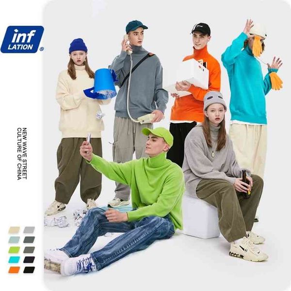 

inflation men's knitted sweater aw warm turtleneck couple winter oversized hip hop men women pullover 1881w 210813, White;black