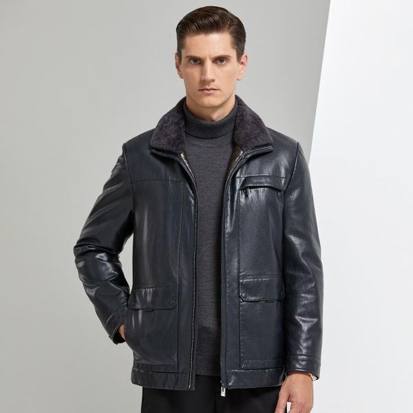 

men's leather & faux haining down jacket middle-aged and young short motorcycle winter thickened jacke, Black