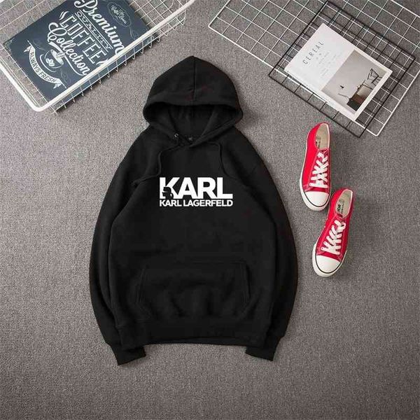 

designer karl letter print plush hooded sweater, Black