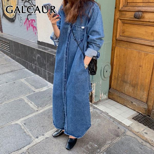 

casual dresses galcaur patchwork denim dress for women lapel long sleeve lace up loose oversized high street female 2021 fall clothing, Black;gray