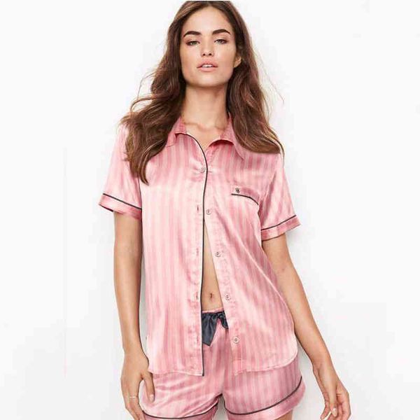 Pijamas de verão para mulheres Satin Silk listrado Sleepwear 2 peças Set Sleep tops Pants PJS Night Wear Loungewear Home Terno