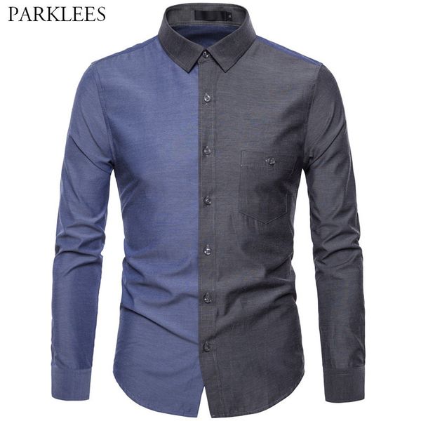 

business slim fit mens dress shirt casual patchwork button men long sleeve shirts fashion design male blouse chemise 210524, White;black