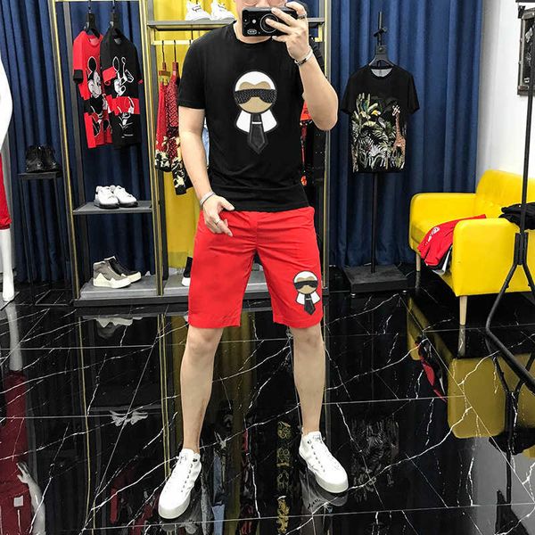 

w0760 men's summer new foye pu leather short sleeve t-shirt and shorts set, Gray