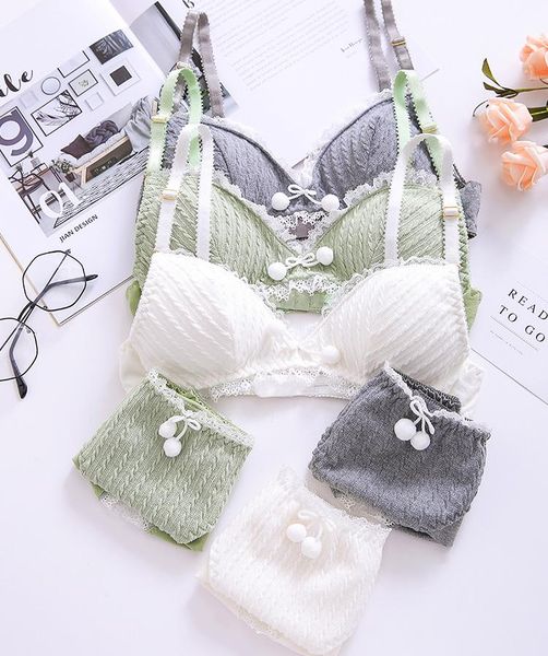 

bras sets mori girl fur ball pendant women's cute bra & panties set linen cotton wiresoft underwear sleep intimates kawaii lolita, Red;black