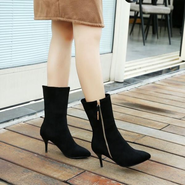 

boots oversized 11 pointed suede pure-color zipper with fine heels, Black