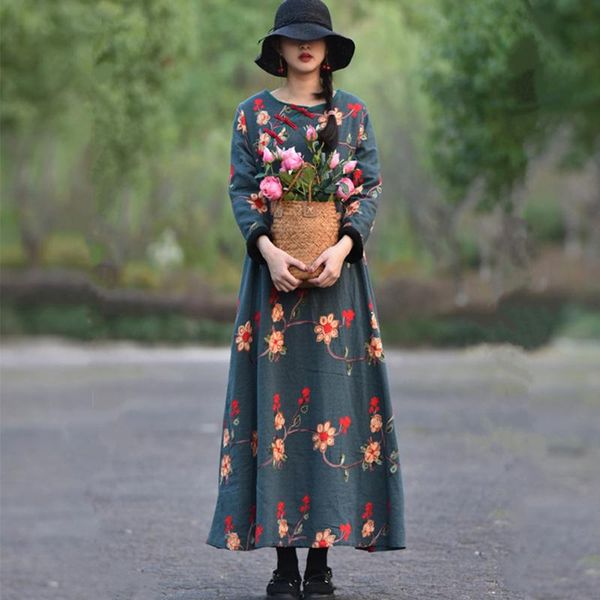 

casual dresses chinese style loose long maxi cotton and linen dress pocket winter autumn thick fleece inside embroidery, Black;gray