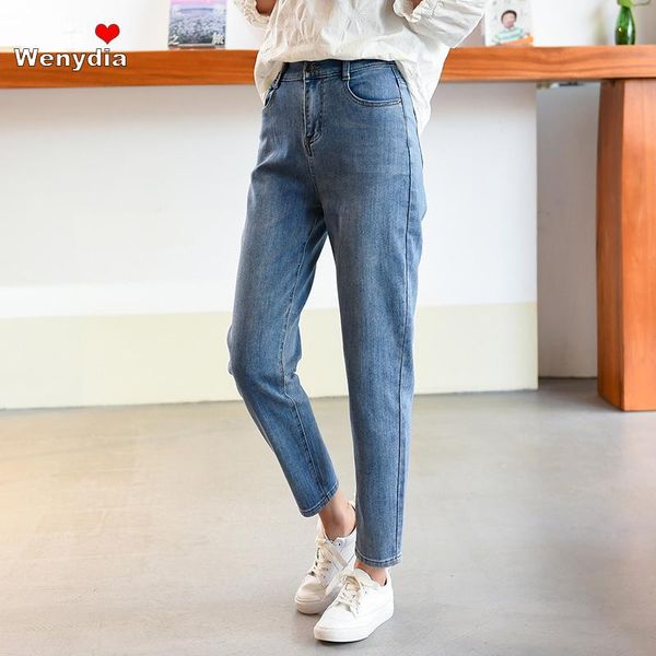 

wenydia 2021 elastic high waist stretch cotton jeans washed women vintage harem pants dad streetwear long denim trousers women's, Blue