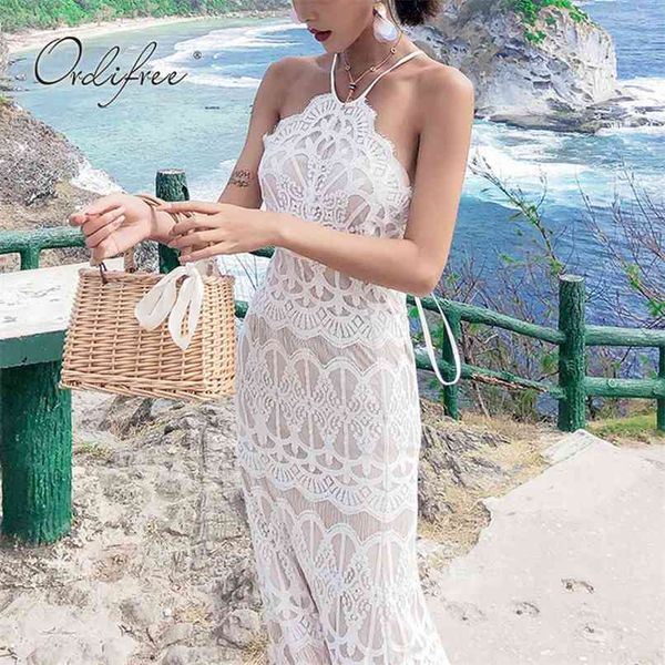 

summer women long white lace dress off shoulder halter sleeveless backless up maxi vacation beach 210513, Black;gray