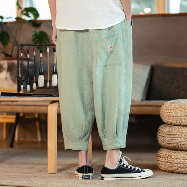 

pants chinese style men's harlem loose cotton and linen casual gbv5, Black