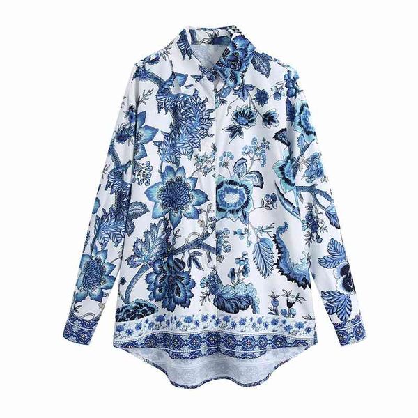 

chinese style women blue and white printing shirts fashion ladies turn down collar streetwear female chic blouses 210430
