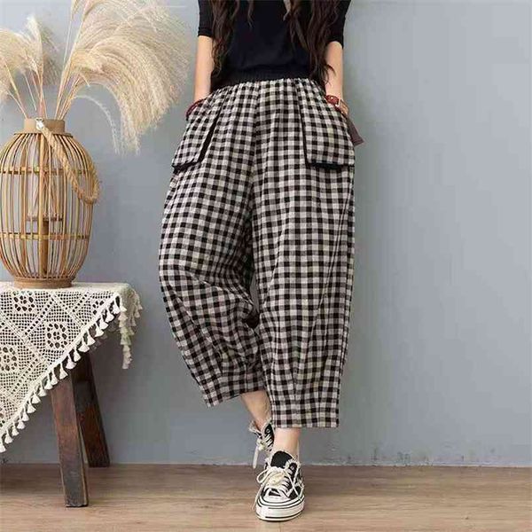 

arrival summer women loose casual elastic waist ankle-length pants big pocket plaid print cotton linen harem w329 210512, Black;white