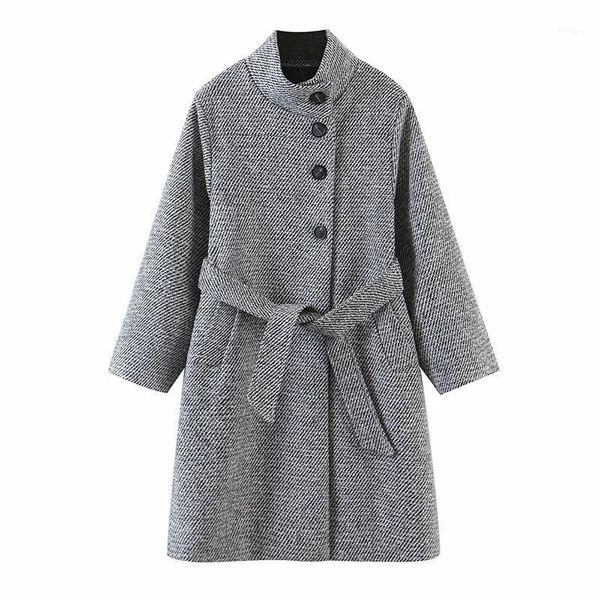 

women's wool & blends women mid-high neck belt overcoat british female beveled single breasted plaid jacket, Black